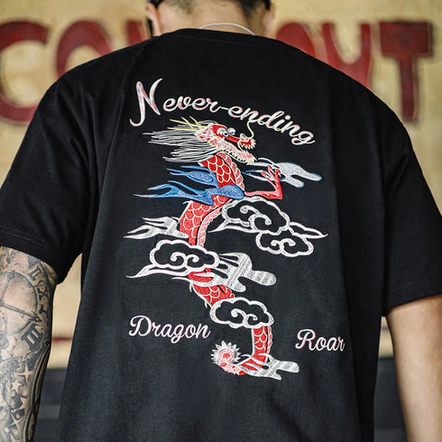 Men’s Retro Heavyweight Embroidered T-Shirt – 270g Black Cotton Summer Tee